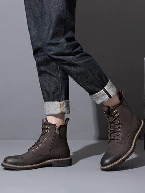 Mens Motorcycle Boots With Side Zipper Dress Boot-Brown
